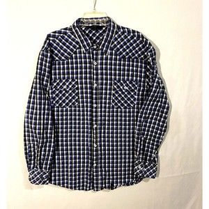 Straight Faded Shirt Mens XXL Blue Black White Plaid Long Sleeves Button Front
